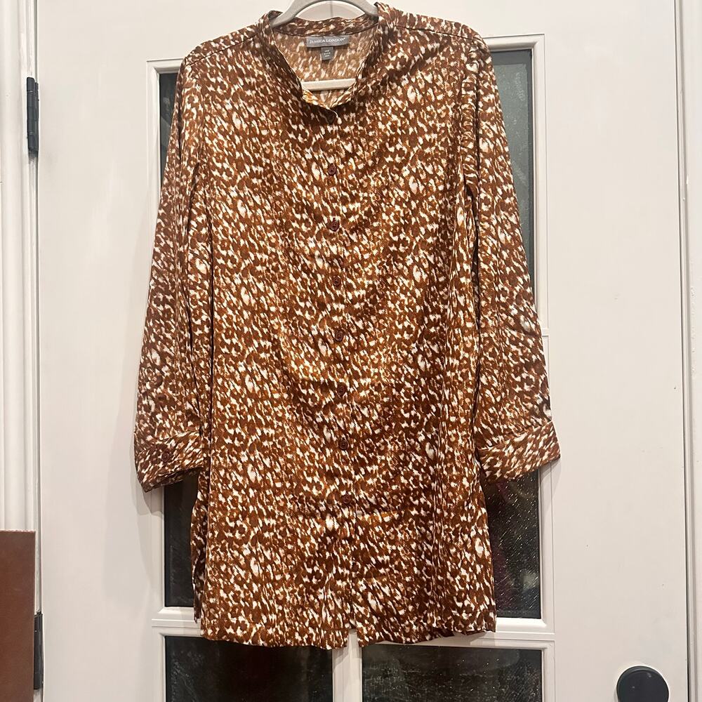 Jessica London Plus Size Brown and White Abstract Button Down Top, NWOT Size 14W